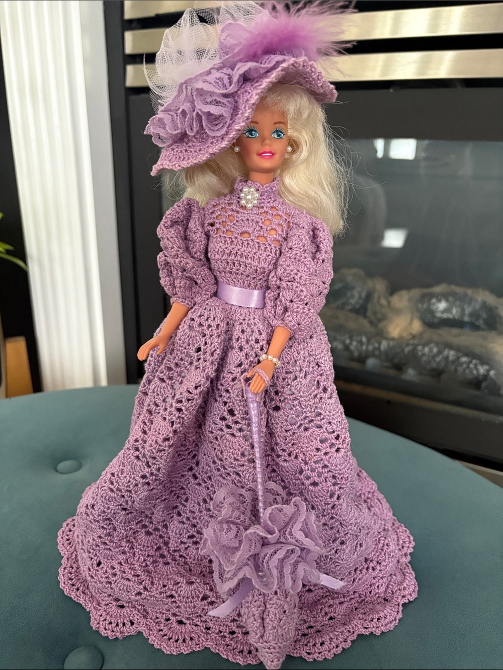 Vintage 1975 Barbie with Crochet Dress,  Hat & Parasol